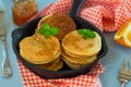 Sweet homemade mini pancakes with maple syrup Royalty Free Stock Photo