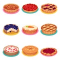 Sweet Homemade Pies with Filling and Crusts Made of Shortcrust Pastry Vector Set