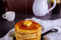 Sweet Homemade Stack of Pancakes with Butter and Syrup for Breakfast