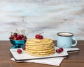 Sweet Homemade Stack of Pancakes with cherries Royalty Free Stock Photo