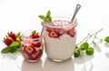 sweet homemade yogurt with strawberry jam and fresh strawberries in a glass cup Royalty Free Stock Photo