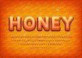 Sweet Honey alphabet with realistic pattern. Numbers, 3d letters, symbols