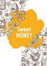 Sweet honey banner with hand drawn illustrations and yellow stain Royalty Free Stock Photo