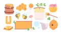 Sweet honey flat elements. Beekeeping and cute cartoon bees. Cartoon honeycombs and hive, jar and wooden barrel. Racy