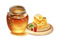 Sweet honey in the glass jar, natural honey bee bush honeycomb, sliced in pieces, watercolor illustration isolated