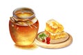 Sweet honey in the glass jar, natural honey bee bush honeycomb, sliced in pieces