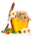 Sweet honey in glass jar with spoon and flowers