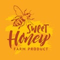 Sweet honey. Lettering background with honey bee and calligraphic letters. Vector template