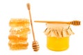 Sweet honeycomb, Honey pot and wooden dipper isolated on white . Collage Royalty Free Stock Photo