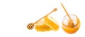 Sweet honeycomb, Honey pot and wooden dipper isolated on white . Collage. Free space for text. Wide photo Royalty Free Stock Photo