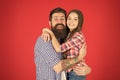 Sweet hug. Man bearded father and cute little girl daughter on red background. Celebrate fathers day. Family values Royalty Free Stock Photo