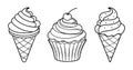 Sweet ice cream cones and cupcake vector illustration for coloring book. Hand drawn outline sketch Royalty Free Stock Photo