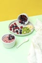 Sweet ice cream yogurt with frozen banana kiwi fruits, blackberry, raspberry berries. Cold fresh summer homemade dessert Royalty Free Stock Photo