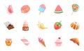 Sweet icons set. 3d realistic vector objects. Cocktail, dessert, cupcake, cake, strawberry, watermelon, banana, chocolate, ice Royalty Free Stock Photo