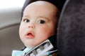 Sweet infant in the car sits in a child seat. Safe driving. Baby care