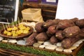 Sweet japanese potato roasted and grilled for sale thai people and travelers foreigner at street market in Nakhon Ratchasima, Royalty Free Stock Photo