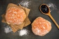 Sweet jelly donuts on a vintage baking sheet