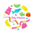 Sweet jelly vitamins candy set on a white isolated background. Fish, bear, pineapple, worm various shapes. Healthy