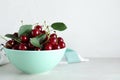 Sweet juicy cherries on marble table. Space for text Royalty Free Stock Photo