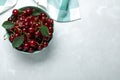 Sweet juicy cherries on light marble table. Space for text Royalty Free Stock Photo