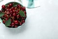 Sweet juicy cherries on light marble table. Space for text Royalty Free Stock Photo