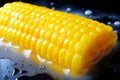 Sweet juicy corn cob boiling in water close-up. Corn is boiled, a fresh and juicy summer vegetable Royalty Free Stock Photo