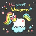 Sweet kawaii unicorn with heart shape sunglasses and rainbow hair. Print.