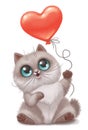 Sweet kitten playing with heart shaped balloon.