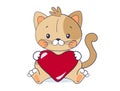A sweet kitten sits and holds a big red heart. Cute pet for Valentine s Day. Vector illustration for a baby shower on a Royalty Free Stock Photo