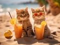 2 sweet kittens with a cocktail by the beach, concept of vacation, holiday trip, ai generated