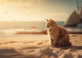 2 sweet kittens with a cocktail by the beach, concept of vacation, holiday trip, ai generated