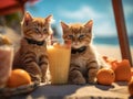 2 sweet kittens with a cocktail by the beach, concept of vacation, holiday trip, ai generated