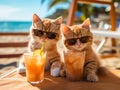 2 sweet kittens with a cocktail by the beach, concept of vacation, holiday trip, ai generated