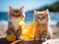 2 sweet kittens with a cocktail by the beach, concept of vacation, holiday trip, ai generated