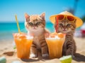 2 sweet kittens with a cocktail by the beach, concept of vacation, holiday trip, ai generated