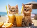 2 sweet kittens with a cocktail by the beach, concept of vacation, holiday trip, ai generated