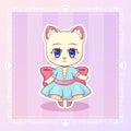 Sweet Kitty Little Cat Cute Kawaii Anime Cartoon Kitten Girl In Dress With Pink Ribbon.