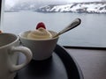 Sweet kiwi jello with cream and a raspberry in a cup onboard a ship with snowy island and sea background Royalty Free Stock Photo