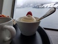 Sweet kiwi jello with cream and a raspberry in a cup onboard a ship with snowy island and sea background Royalty Free Stock Photo