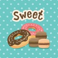 Sweet label with donut. on polka-dot background. Vector illustration.