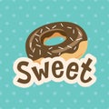 Sweet label with donut. on polka-dot background. Vector illustration.