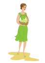 A sweet lady is carrying a basket of grapes. Ripe and sweet white berries. The girl is young, slim and beautiful. Vector