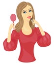 A sweet lady doing makeup. The girl paints her lips with a red lipstick in front of the mirror. Vector illustration