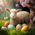 Sweet lamb in garden and Easter eggs