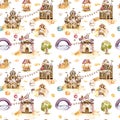 Sweet land watercolor seamless pattern, wallpaper isolated on white background, wonderland. Delicious castle, ice cream