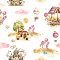 Sweet land watercolor seamless pattern, wallpaper isolated on white background, wonderland. Delicious castle, ice cream