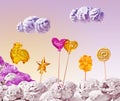 Sweet landscape of ice cream and candy on sky background