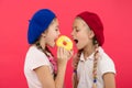 Sweet Life. Sweets Shop And Bakery Concept. Kids Fans Of Baked Donuts. Share Sweet Donut. Girls In Beret Hats Hold Donut
