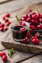 Sweet liqueur made from ripe cornelian cherry and alcohol Royalty Free Stock Photo