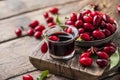 Sweet liqueur made from ripe cornelian cherry and alcohol Royalty Free Stock Photo